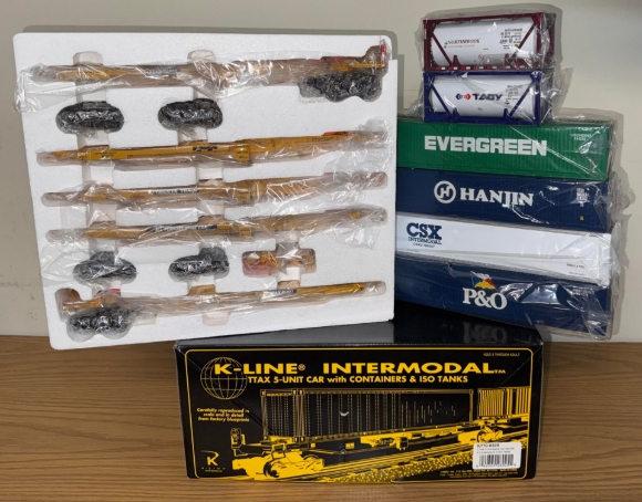 Picture of K-Line TTAX 5-Car Set of Spine Cars w/ (4) Intermodal Containers & (2) Iso Tanks